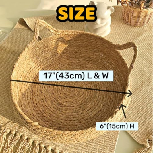 Natural Woven Cat Bed With Soft Cushion, Handmade Braided Cattail Leaf Pet House, Eco-Friendly Straw Nest